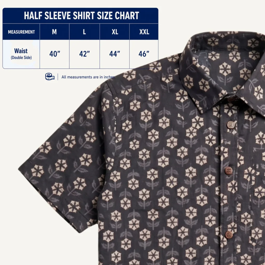 Men’s black floral printed cotton shirt with classic spread collar close-up