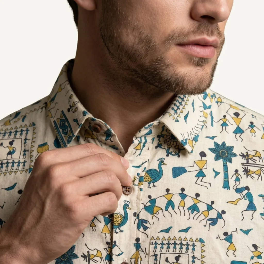 printed cotton shirt for men half sleeves warli art branded stylish new