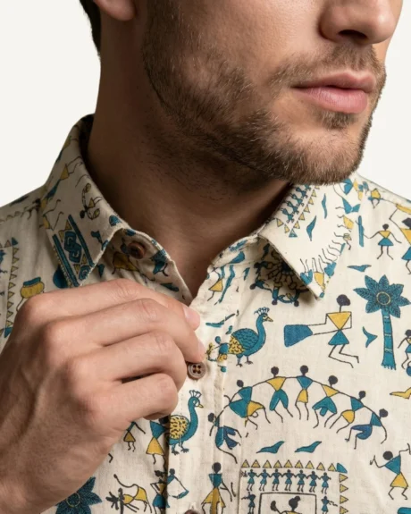 printed cotton shirt for men half sleeves warli art branded stylish new