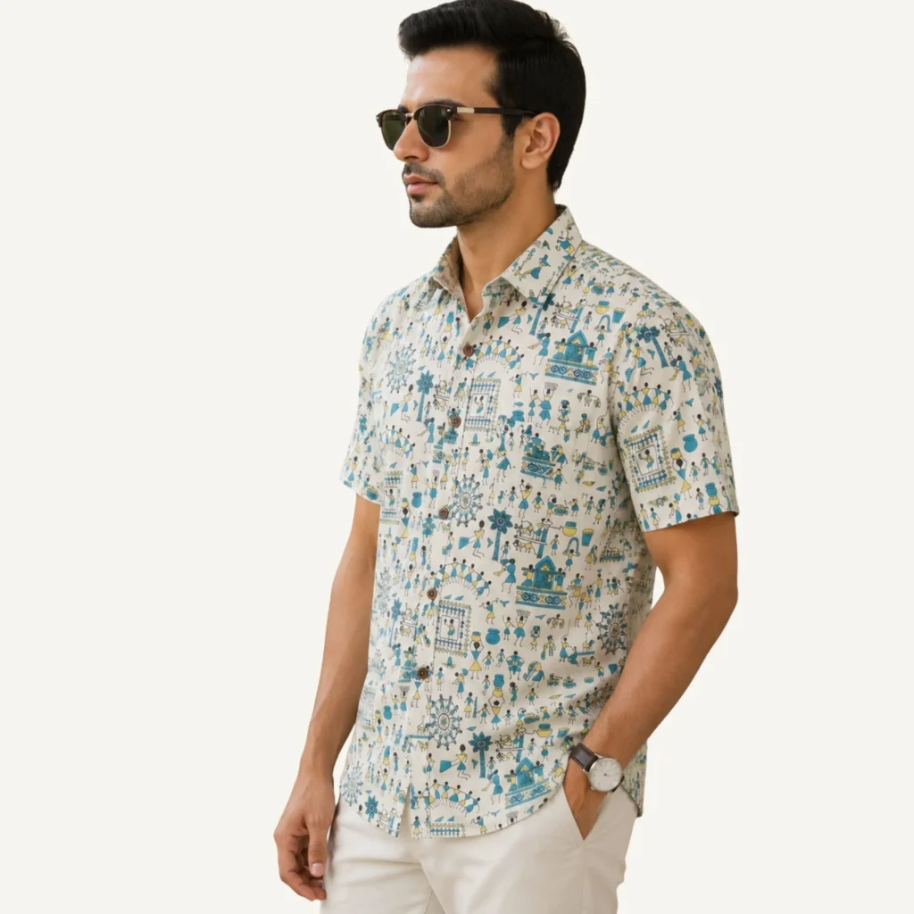 printed cotton shirt for men half sleeves warli art branded stylish new