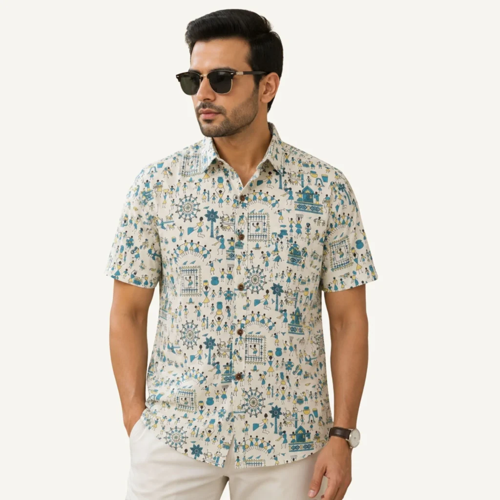 printed cotton shirt for men half sleeves warli art branded stylish new