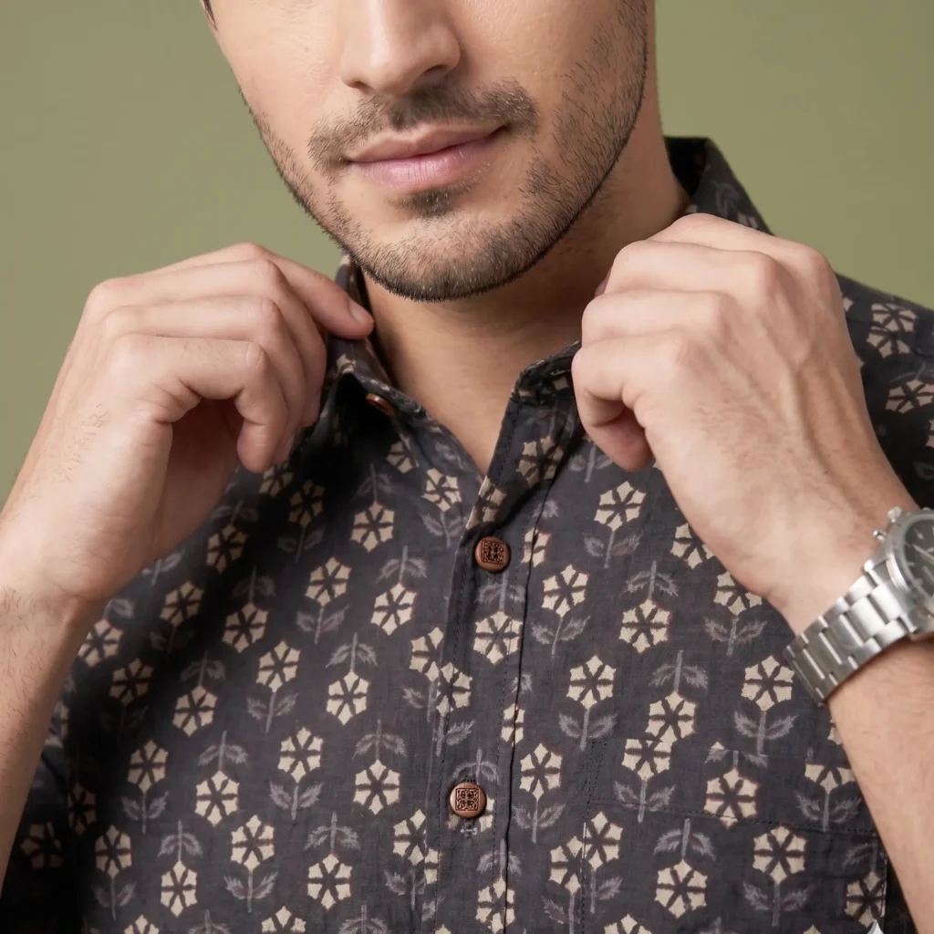 Stylish men’s printed cotton shirt in black with floral pattern casual wear look