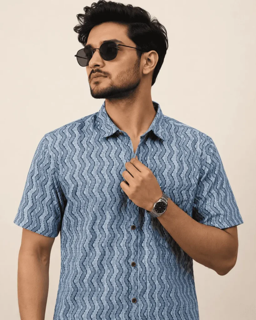 Premium Blue Geometric Print Cotton Half Sleeve Shirt for Men | Regular Fit Casual Shirt by The Classicot