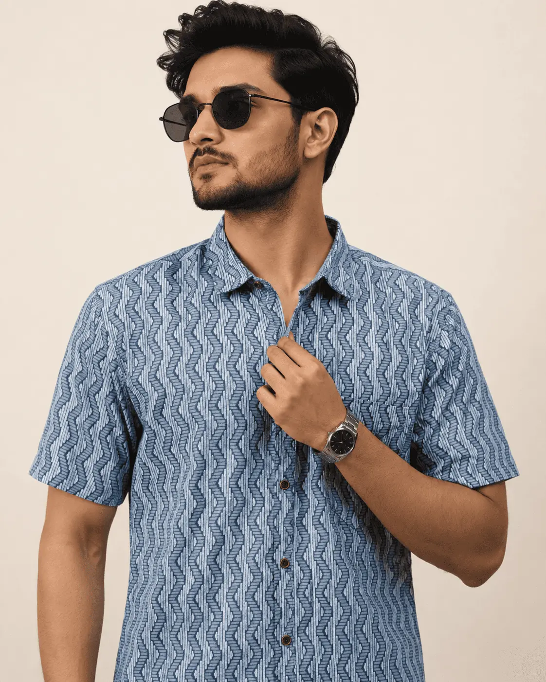 Premium Blue Geometric Print Cotton Half Sleeve Shirt for Men | Regular Fit Casual Shirt by The Classicot