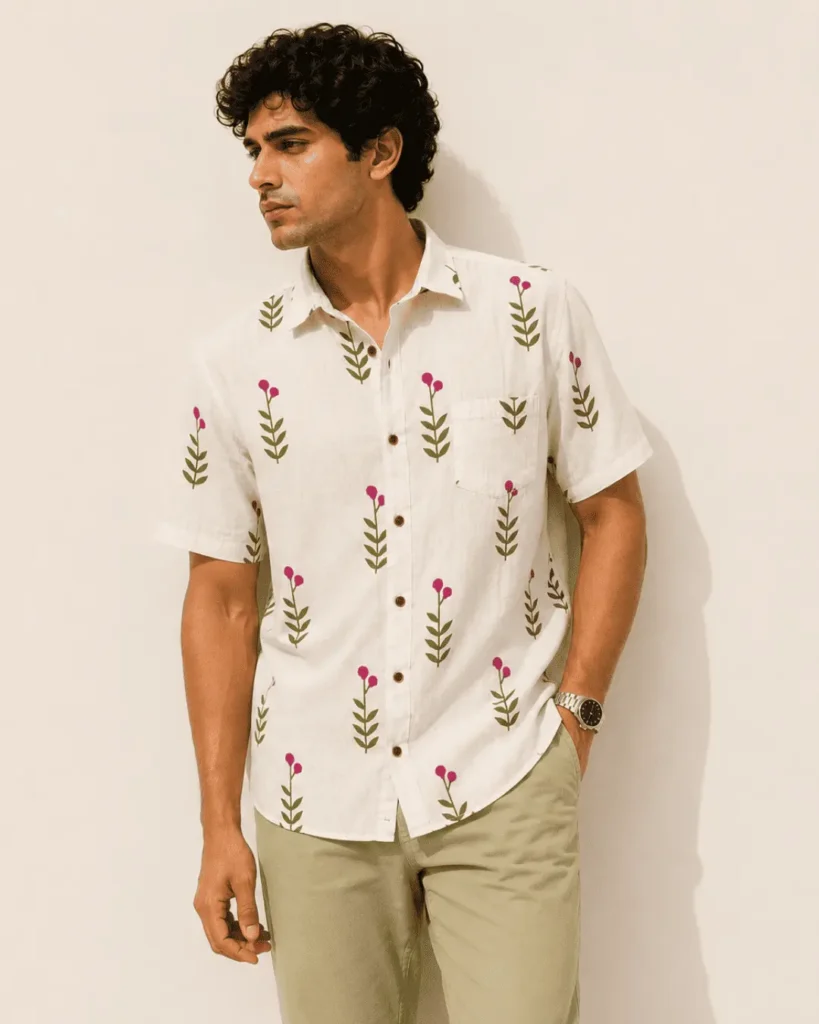 Premium Ivory Floral Print Cotton Half Sleeve Shirt for Men | floral minimal art printed shirt for men printed | Breathable Casual Cotton Shirt by The Classicot