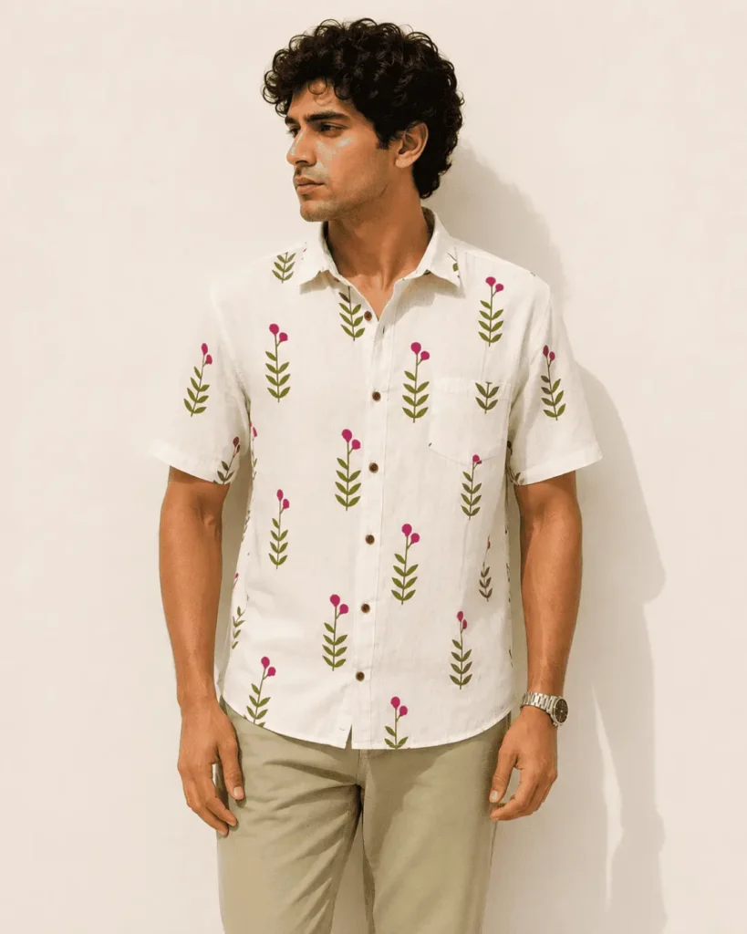 Premium Ivory Floral Print Cotton Half Sleeve Shirt for Men | floral printed shirt cotton for men stylish branded new minimal printed | Breathable Casual Cotton Shirt by The Classicot