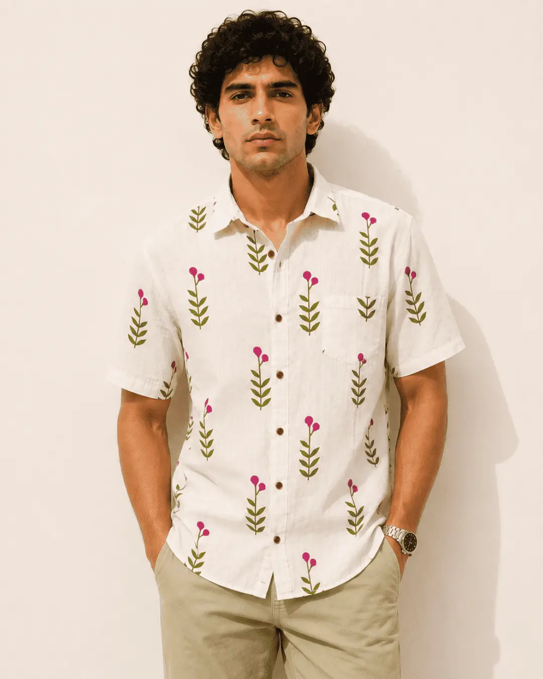 Premium Ivory Floral Print Cotton Half Sleeve Shirt for Men | Breathable Casual Cotton Shirt by The Classicot