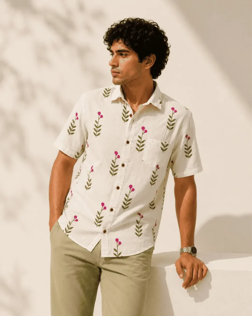 Premium Ivory Floral Print Cotton Half Sleeve Shirt for Men | flower print shirt for men cotton printed floral premium stylish buy online | Breathable Casual Cotton Shirt by The Classicot