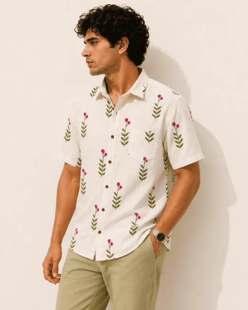 Premium Ivory Floral Print Cotton Half Sleeve Shirt for Men | gift for brother for rakshabandan rakhi | Breathable Casual Cotton Shirt by The Classicot