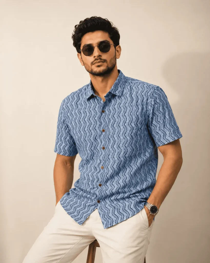 Premium Blue Geometric Print Cotton Half Sleeve Shirt for Men | Regular Fit Casual Shirt by The Classicot