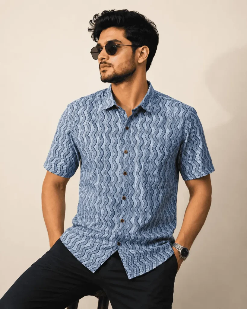 Premium Blue Geometric Print Cotton Half Sleeve Shirt for Men | Regular Fit Casual Shirt by The Classicot