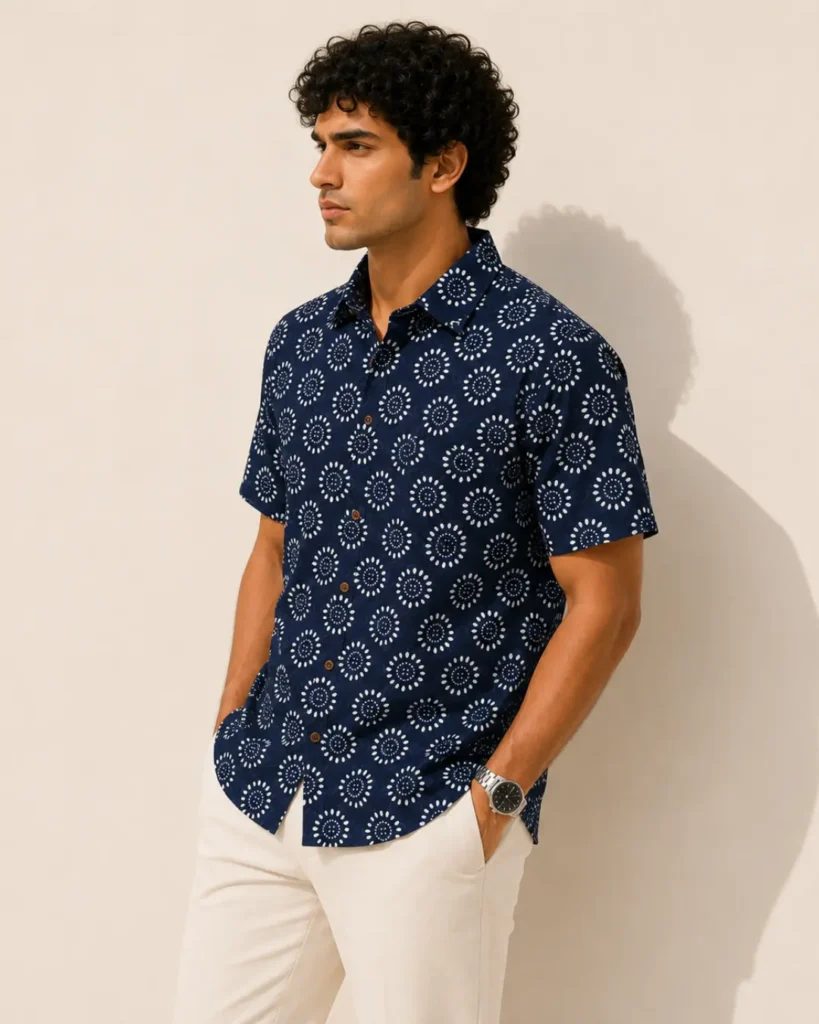 blue printed shirt for men cotton half sleeves jaipuri printed shirt for men half sleeves | the classicot cotton shirt for men half sleeves jaipuri printed