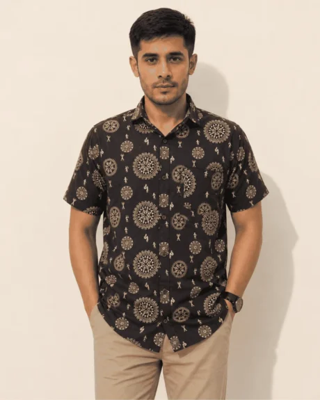 Premium Brown Warli Print Cotton Half Sleeve Shirt for Men | Heritage Printed Casual Cotton Shirt by The Classicot