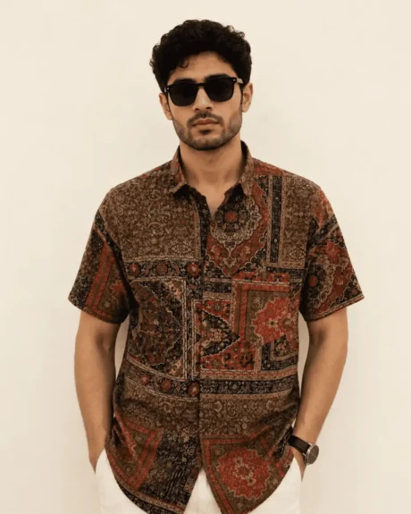 Premium Brown Paisley Print Cotton Half Sleeve Shirt for Men | Persian Patchwork Casual Cotton Shirt by The Classicot