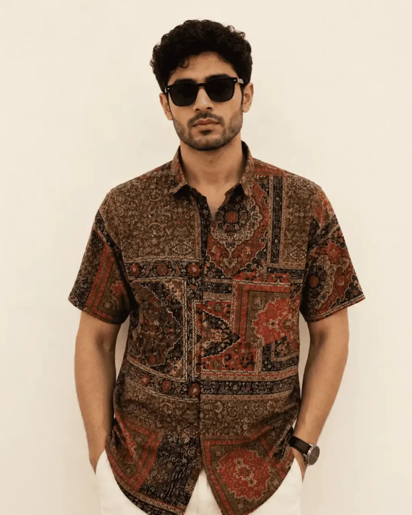 Premium Brown Paisley Print Cotton Half Sleeve Shirt for Men | Persian Patchwork Casual Cotton Shirt by The Classicot
