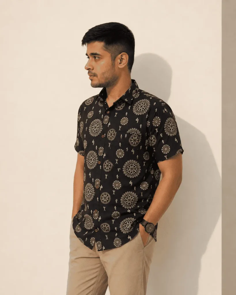 Premium Brown Warli Print Cotton Half Sleeve Shirt for Men | Heritage Printed Casual Cotton Shirt by The Classicot