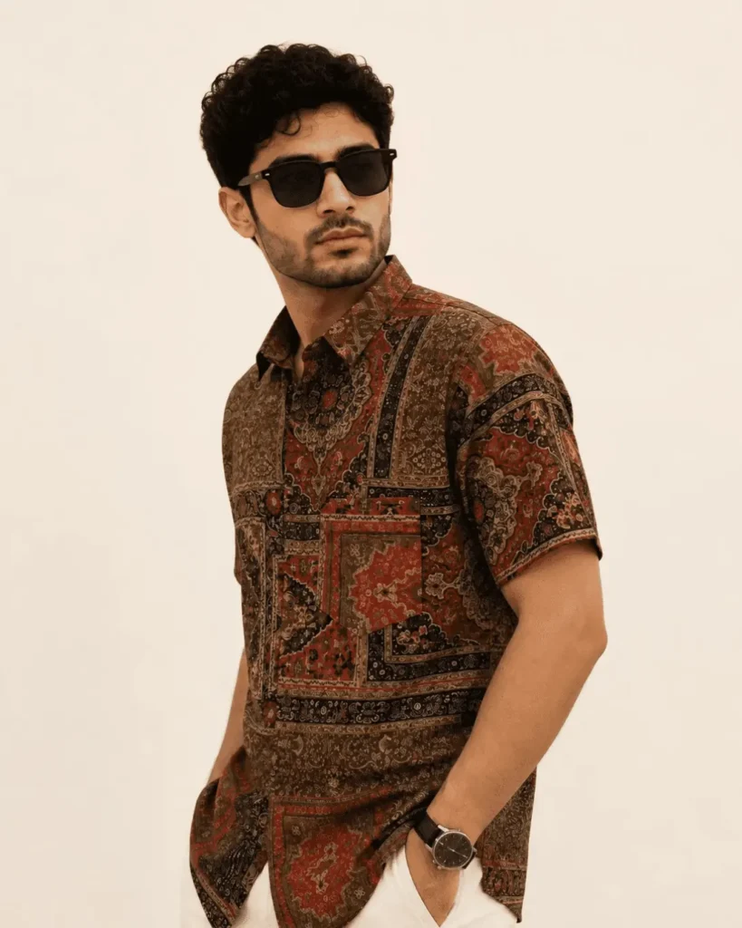 Premium Brown Paisley Print Cotton Half Sleeve Shirt for Men | Persian Patchwork Casual Cotton Shirt by The Classicot