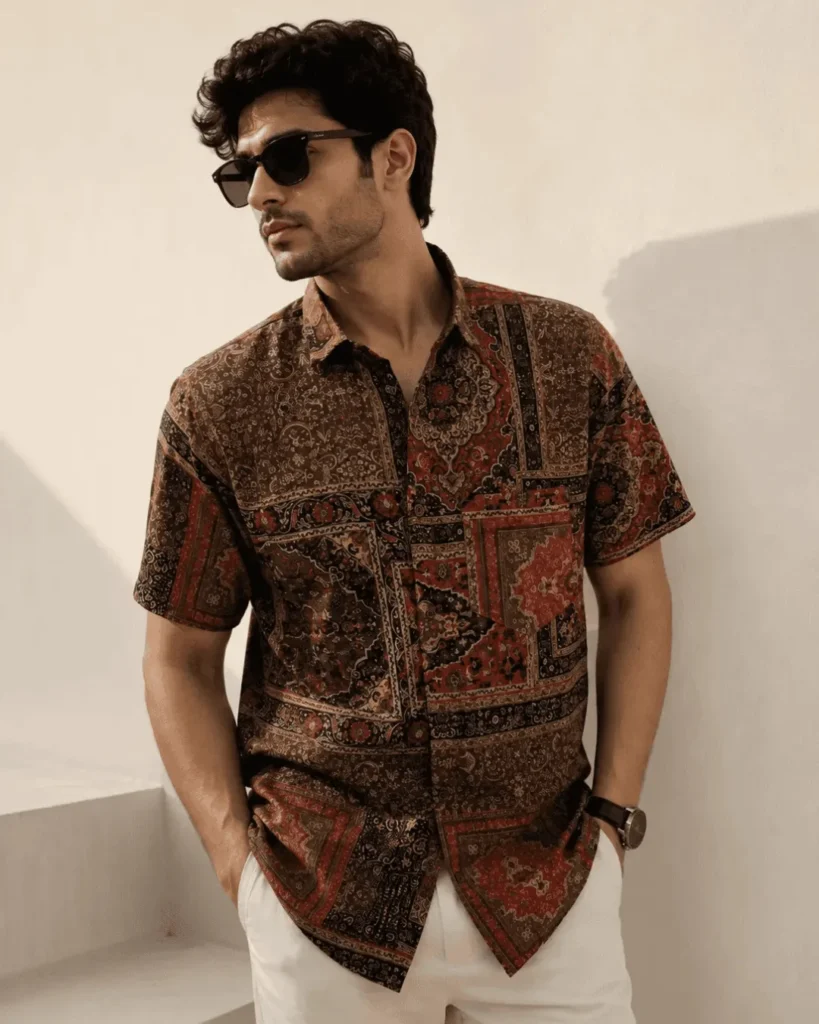 Premium Brown Paisley Print Cotton Half Sleeve Shirt for Men | Persian Patchwork Casual Cotton Shirt by The Classicot